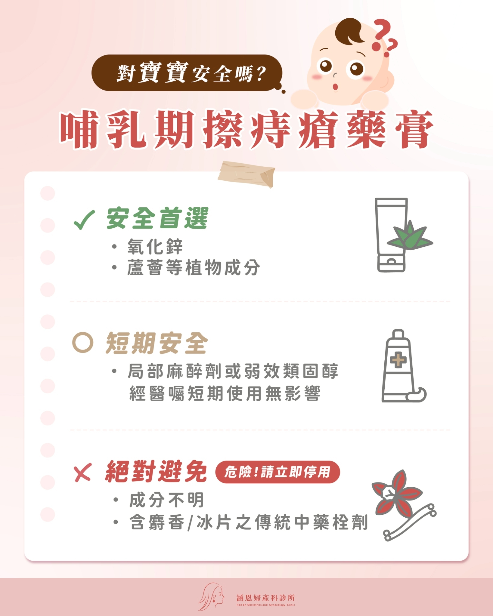哺乳期痔瘡藥膏安全選擇指南圖表：氧化鋅、蘆薈與禁用麝香藥膏
